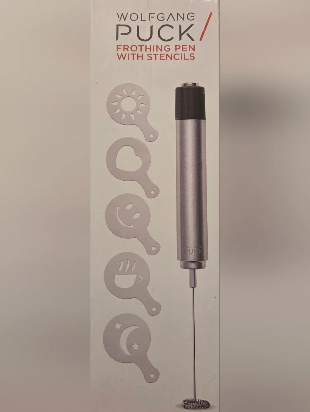 Handheld Stainless Milk Frother with 3 Latte Stencils - Silver & Black